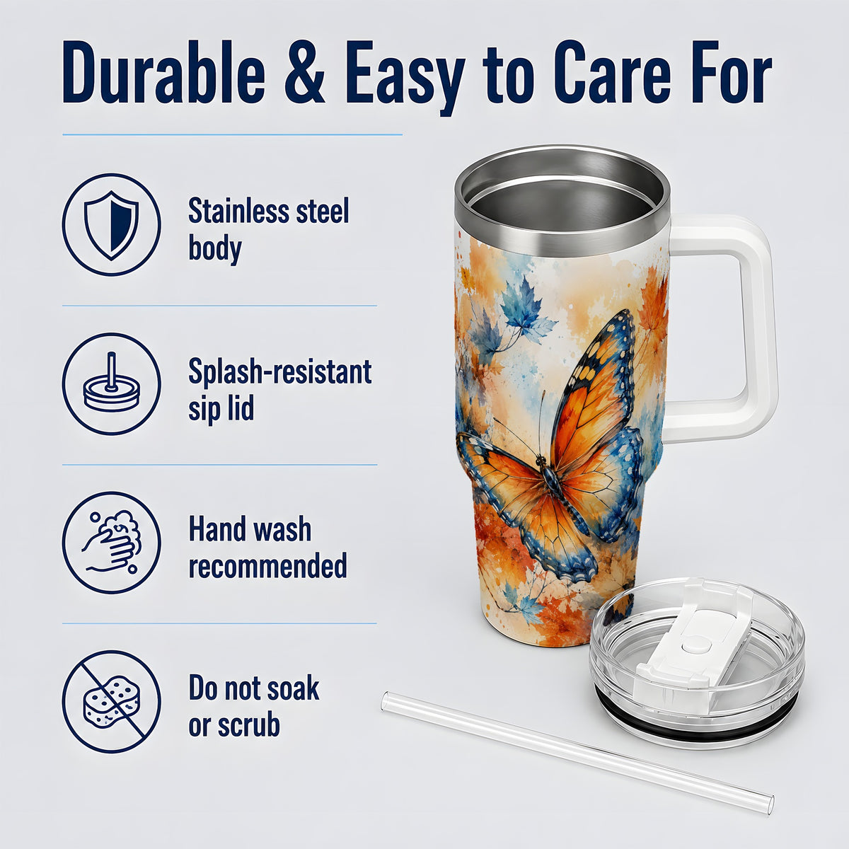 #pl[40oz|White] Autumn Butterfly 40oz Tumbler, Orange Blue Fall Leaves Watercolor Art