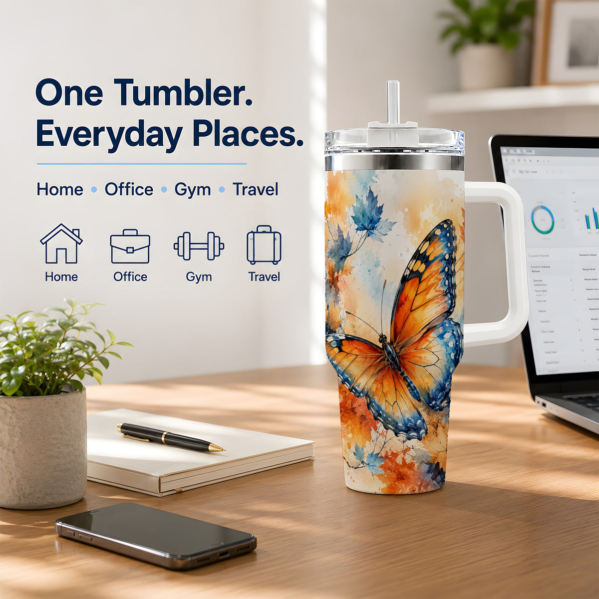 #pl[40oz|White] Autumn Butterfly 40oz Tumbler, Orange Blue Fall Leaves Watercolor Art