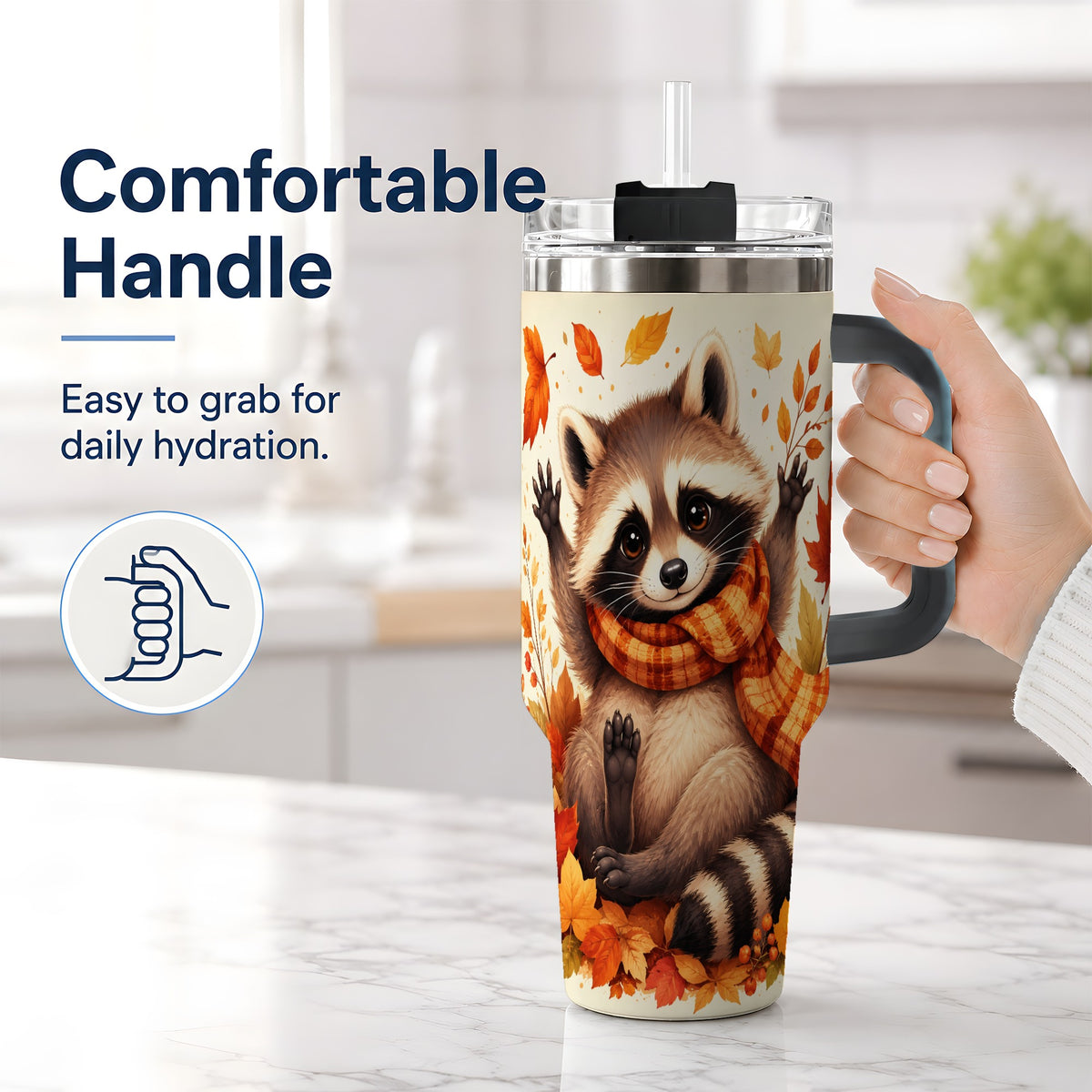 #pl[40oz|Black] Autumn Raccoon 40oz Tumbler, Fall Leaf Animal Artwork for Daily Use