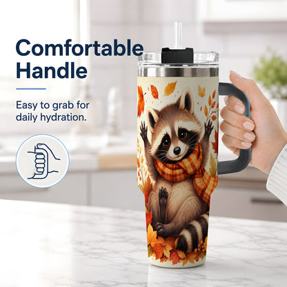 #pl[40oz|Black] Autumn Raccoon 40oz Tumbler, Fall Leaf Animal Artwork for Daily Use