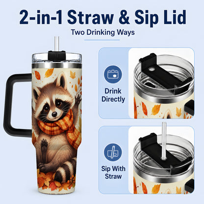 #pl[40oz|Black] Autumn Raccoon 40oz Tumbler, Fall Leaf Animal Artwork for Daily Use