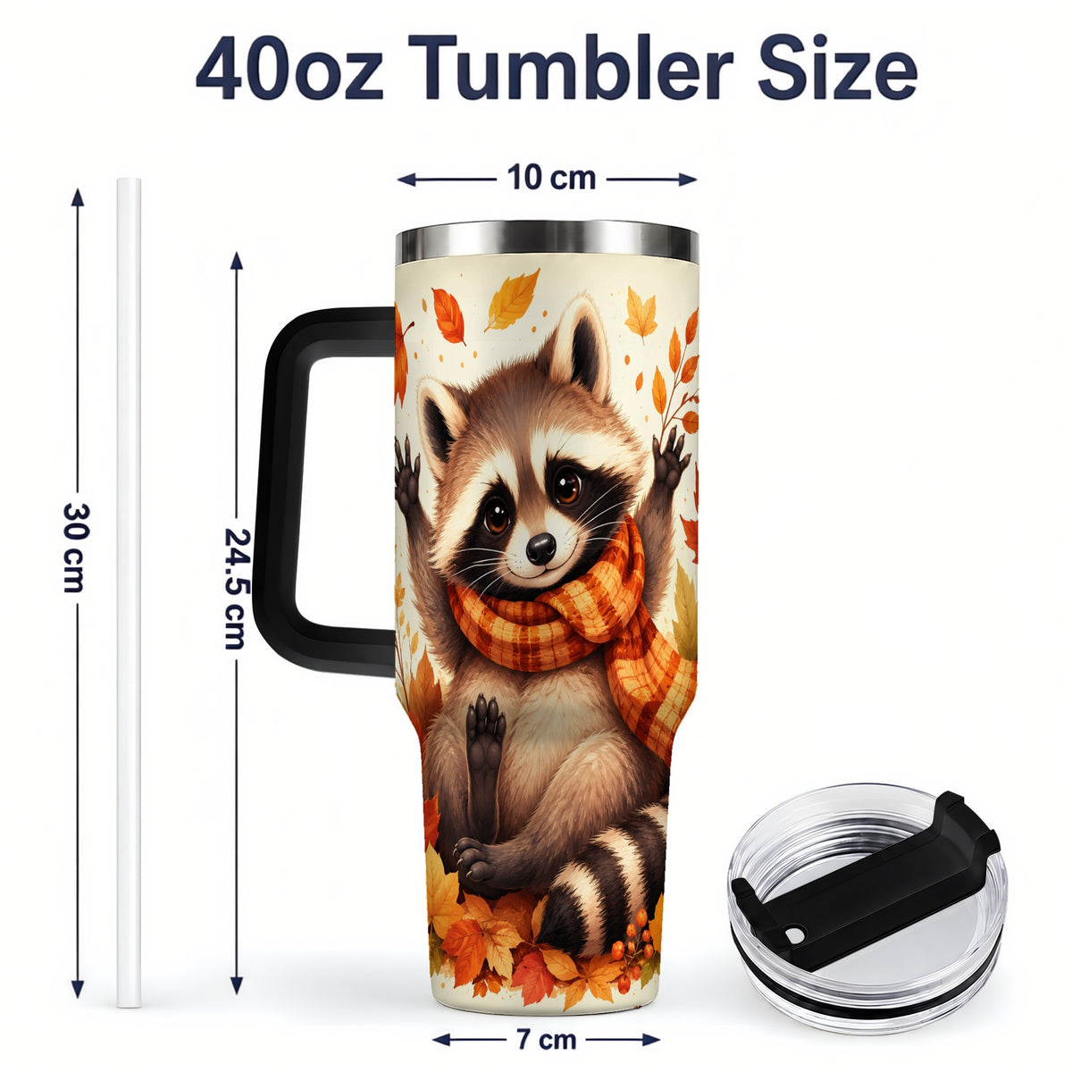 #pl[40oz|Black] Autumn Raccoon 40oz Tumbler, Fall Leaf Animal Artwork for Daily Use