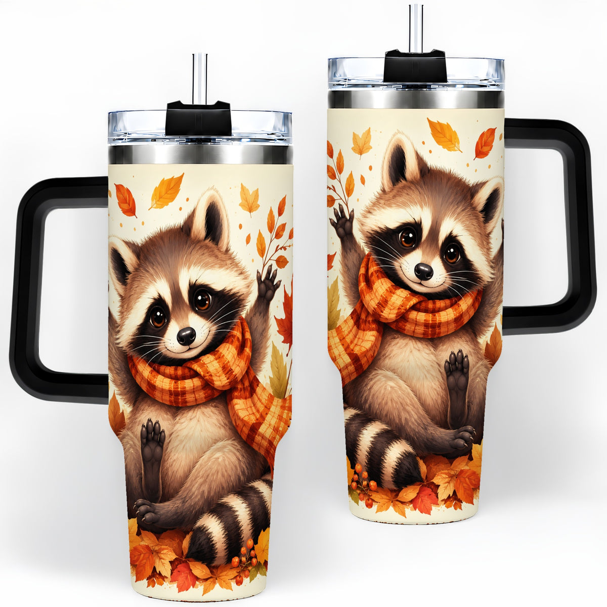 #pl[40oz|Black] Autumn Raccoon 40oz Tumbler, Fall Leaf Animal Artwork for Daily Use
