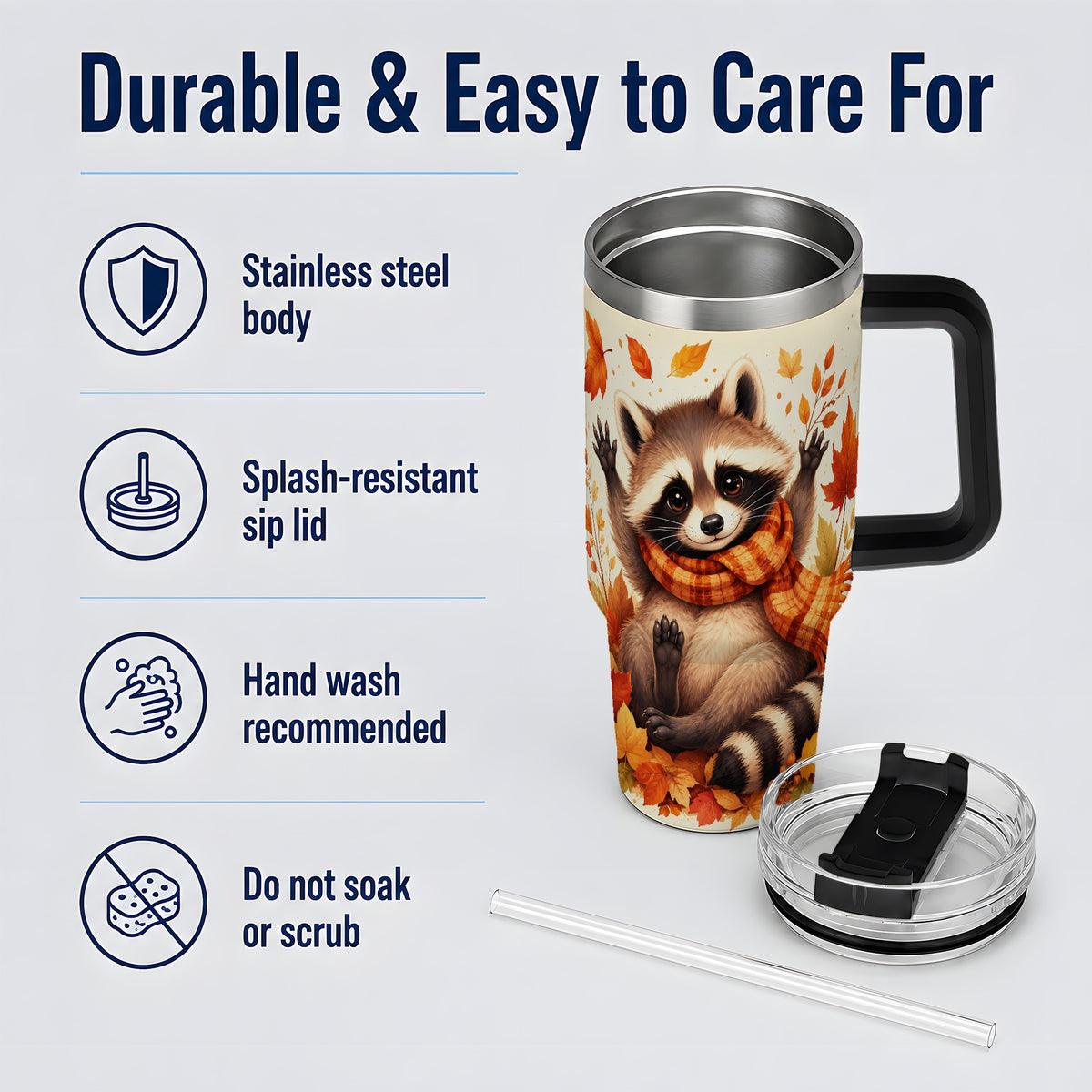 #pl[40oz|Black] Autumn Raccoon 40oz Tumbler, Fall Leaf Animal Artwork for Daily Use