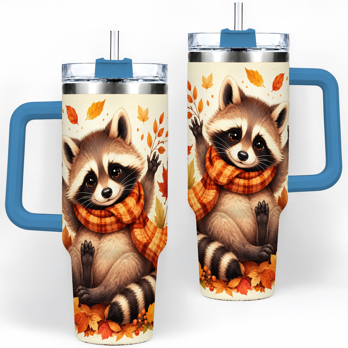 #pl[40oz|Blue] Autumn Raccoon 40oz Tumbler, Fall Leaf Animal Artwork for Daily Use