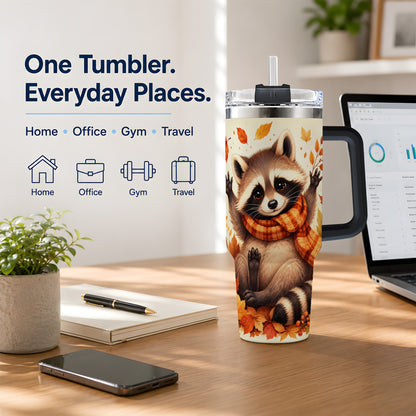 #pl[40oz|Black] Autumn Raccoon 40oz Tumbler, Fall Leaf Animal Artwork for Daily Use