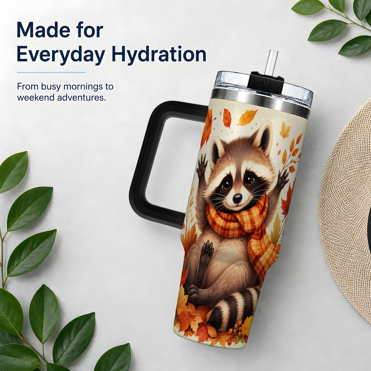 #pl[40oz|Black] Autumn Raccoon 40oz Tumbler, Fall Leaf Animal Artwork for Daily Use