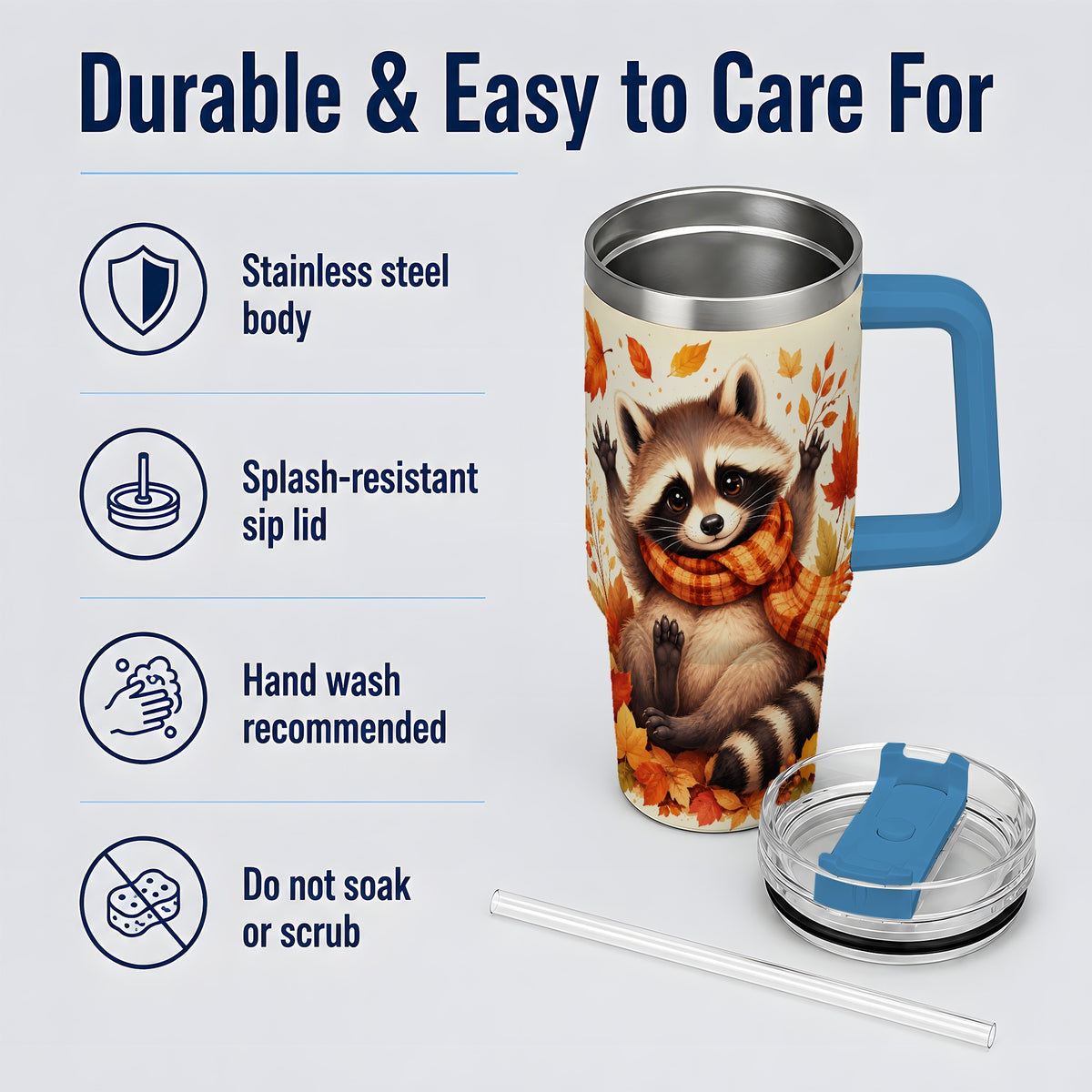 #pl[40oz|Blue] Autumn Raccoon 40oz Tumbler, Fall Leaf Animal Artwork for Daily Use