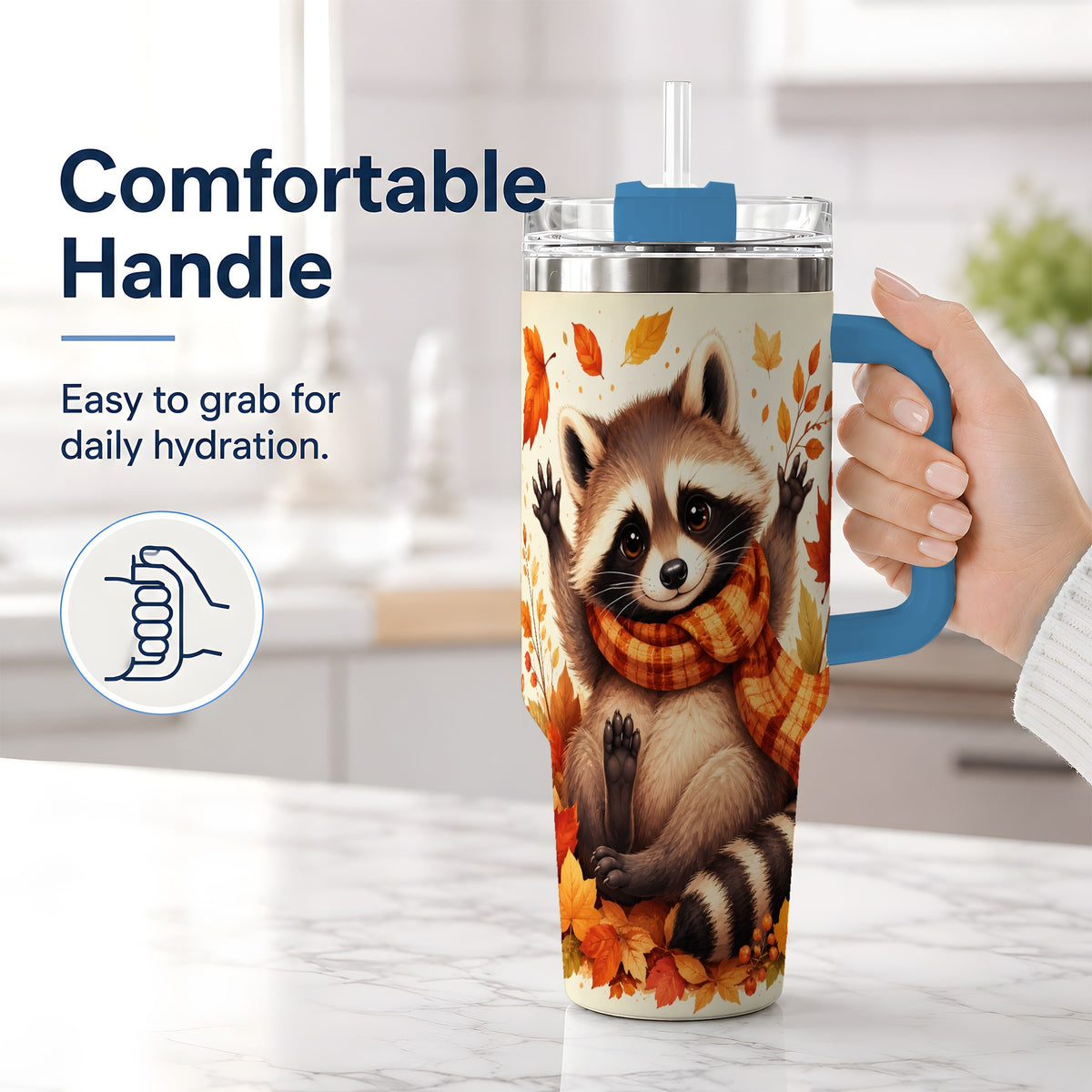 #pl[40oz|Blue] Autumn Raccoon 40oz Tumbler, Fall Leaf Animal Artwork for Daily Use