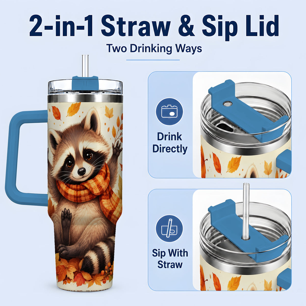 #pl[40oz|Blue] Autumn Raccoon 40oz Tumbler, Fall Leaf Animal Artwork for Daily Use