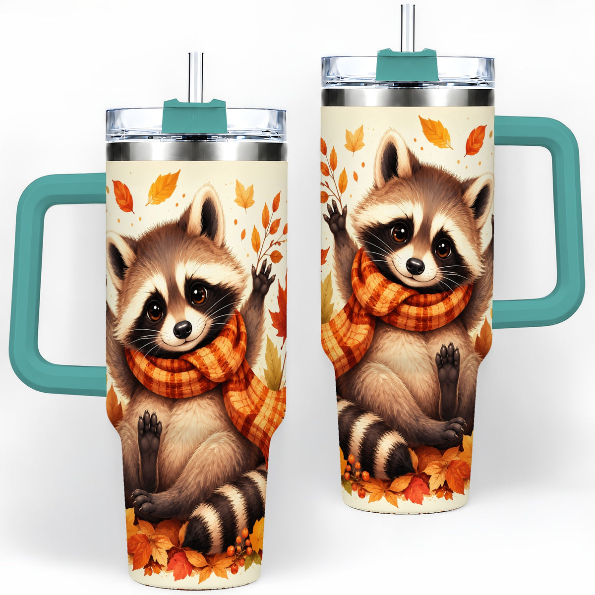 #pl[40oz|Green] Autumn Raccoon 40oz Tumbler, Fall Leaf Animal Artwork for Daily Use