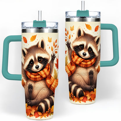 #pl[40oz|Green] Autumn Raccoon 40oz Tumbler, Fall Leaf Animal Artwork for Daily Use