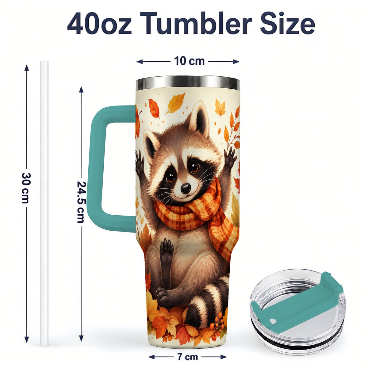 #pl[40oz|Green] Autumn Raccoon 40oz Tumbler, Fall Leaf Animal Artwork for Daily Use