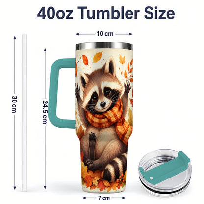 #pl[40oz|Green] Autumn Raccoon 40oz Tumbler, Fall Leaf Animal Artwork for Daily Use