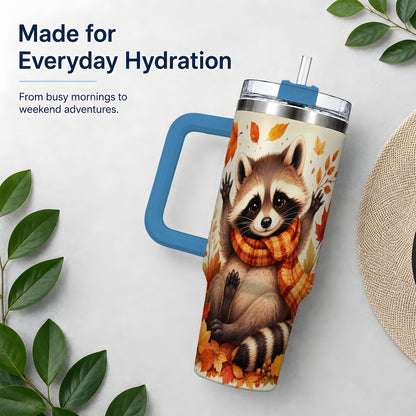 #pl[40oz|Blue] Autumn Raccoon 40oz Tumbler, Fall Leaf Animal Artwork for Daily Use