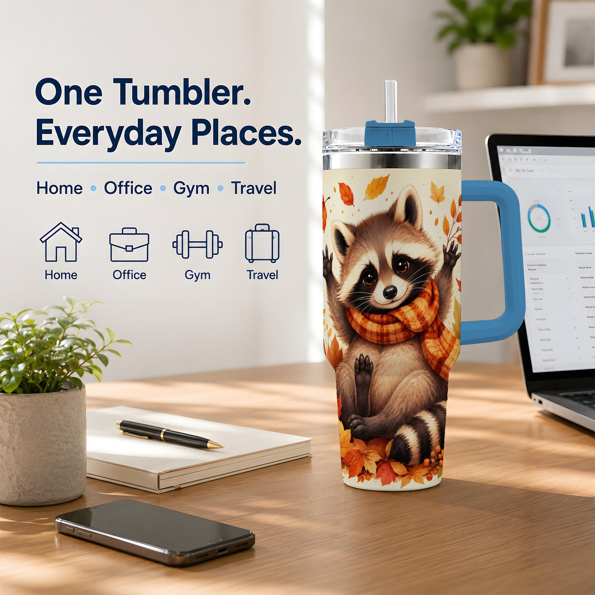 #pl[40oz|Blue] Autumn Raccoon 40oz Tumbler, Fall Leaf Animal Artwork for Daily Use