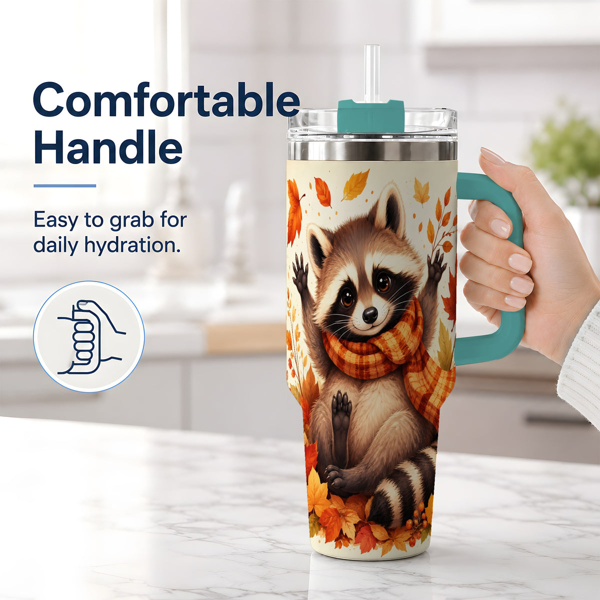 #pl[40oz|Green] Autumn Raccoon 40oz Tumbler, Fall Leaf Animal Artwork for Daily Use