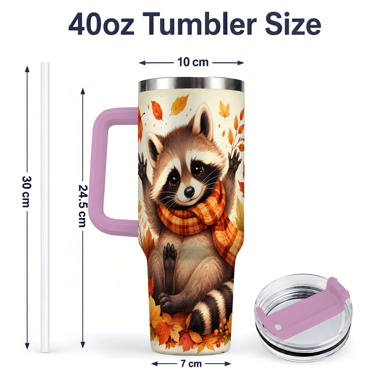#pl[40oz|Pink] Autumn Raccoon 40oz Tumbler, Fall Leaf Animal Artwork for Daily Use