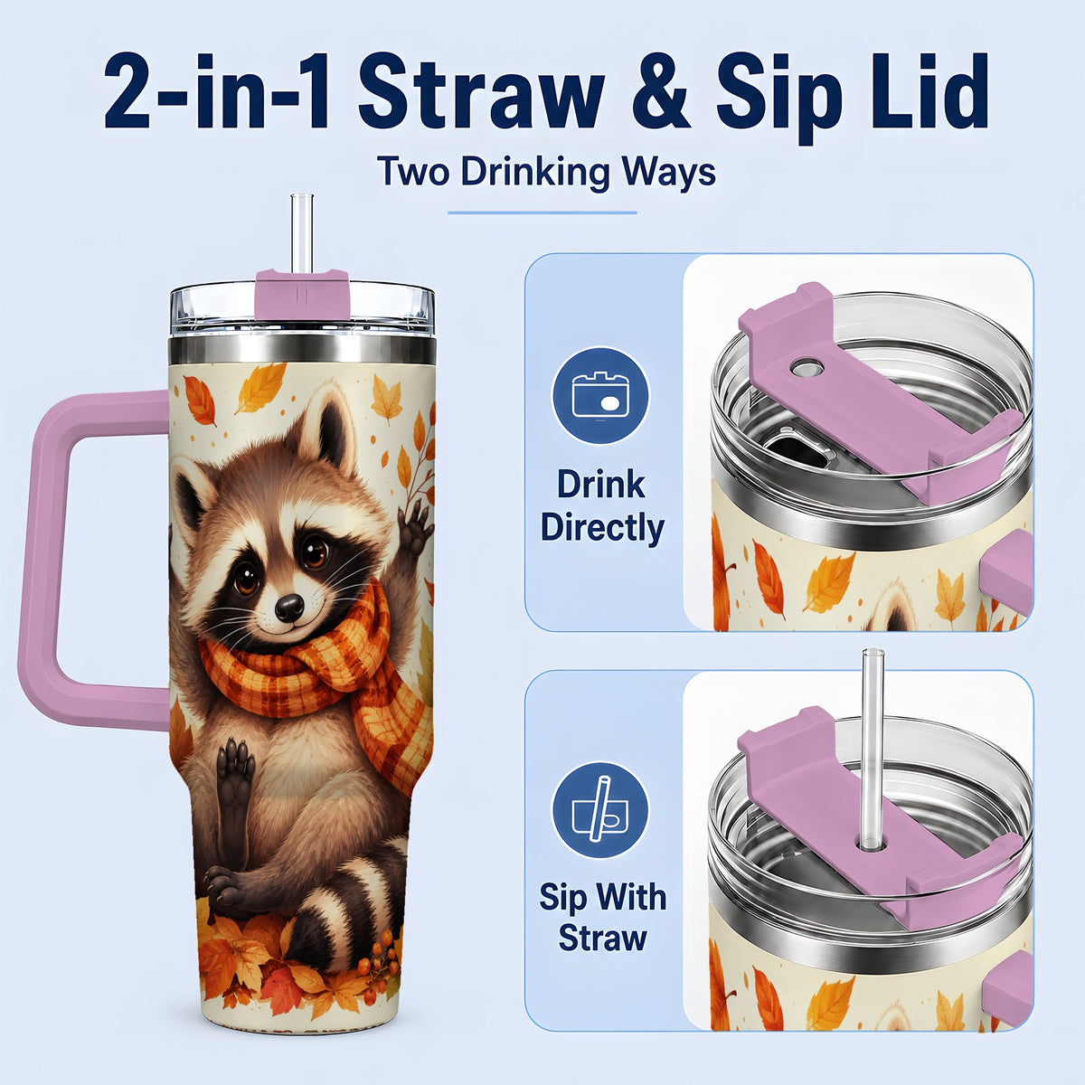 #pl[40oz|Pink] Autumn Raccoon 40oz Tumbler, Fall Leaf Animal Artwork for Daily Use