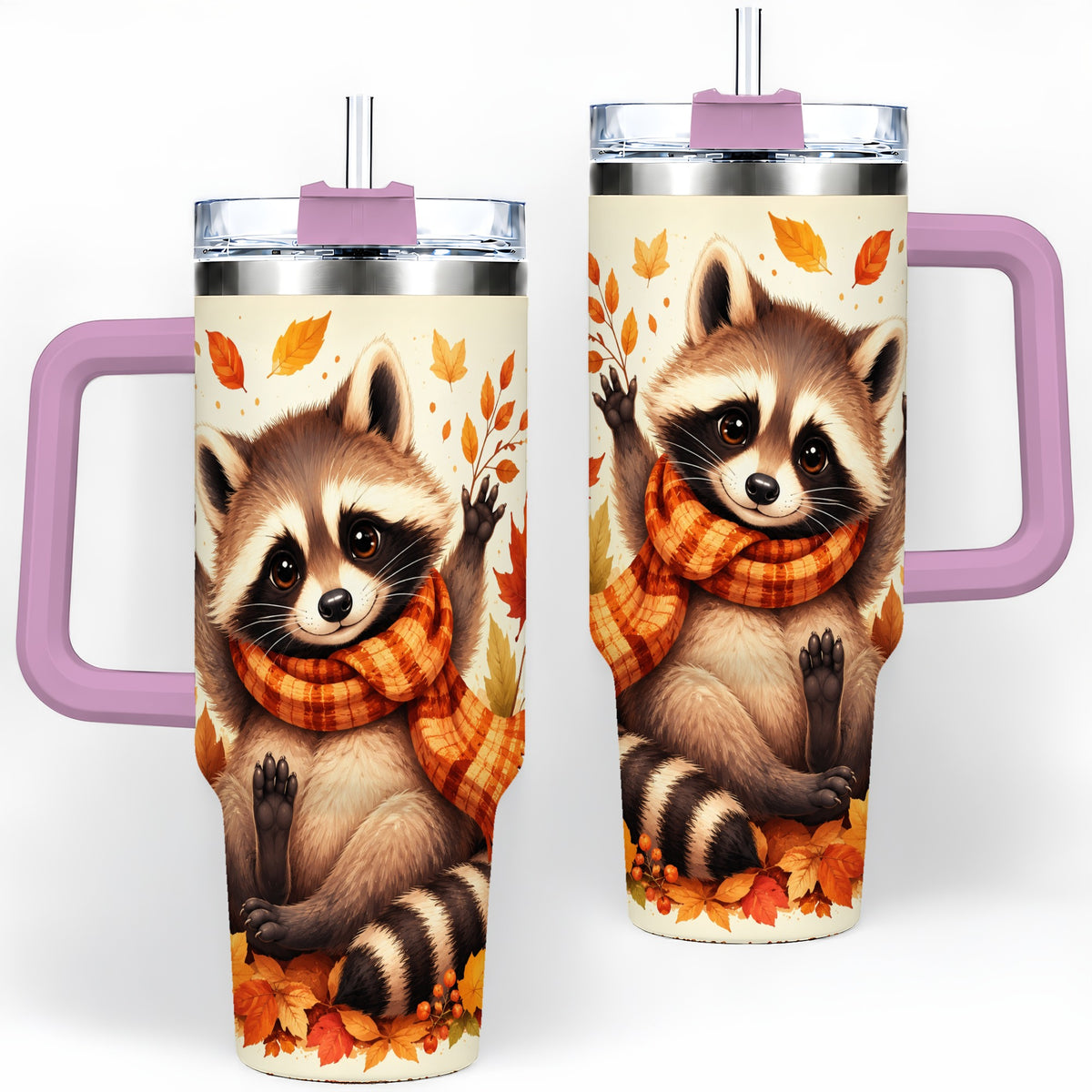 #pl[40oz|Pink] Autumn Raccoon 40oz Tumbler, Fall Leaf Animal Artwork for Daily Use