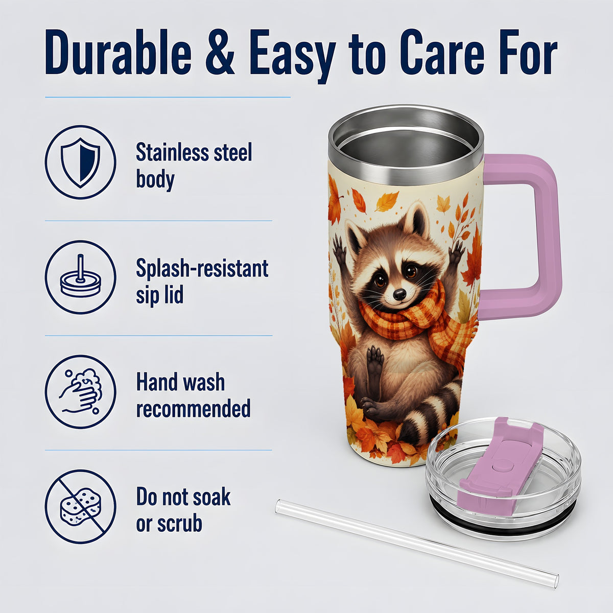 #pl[40oz|Pink] Autumn Raccoon 40oz Tumbler, Fall Leaf Animal Artwork for Daily Use