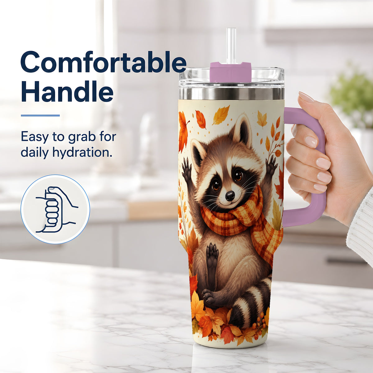#pl[40oz|Pink] Autumn Raccoon 40oz Tumbler, Fall Leaf Animal Artwork for Daily Use