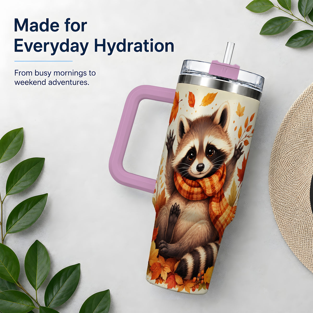 #pl[40oz|Pink] Autumn Raccoon 40oz Tumbler, Fall Leaf Animal Artwork for Daily Use
