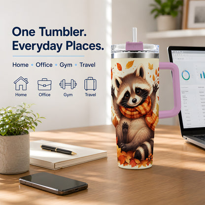 #pl[40oz|Pink] Autumn Raccoon 40oz Tumbler, Fall Leaf Animal Artwork for Daily Use