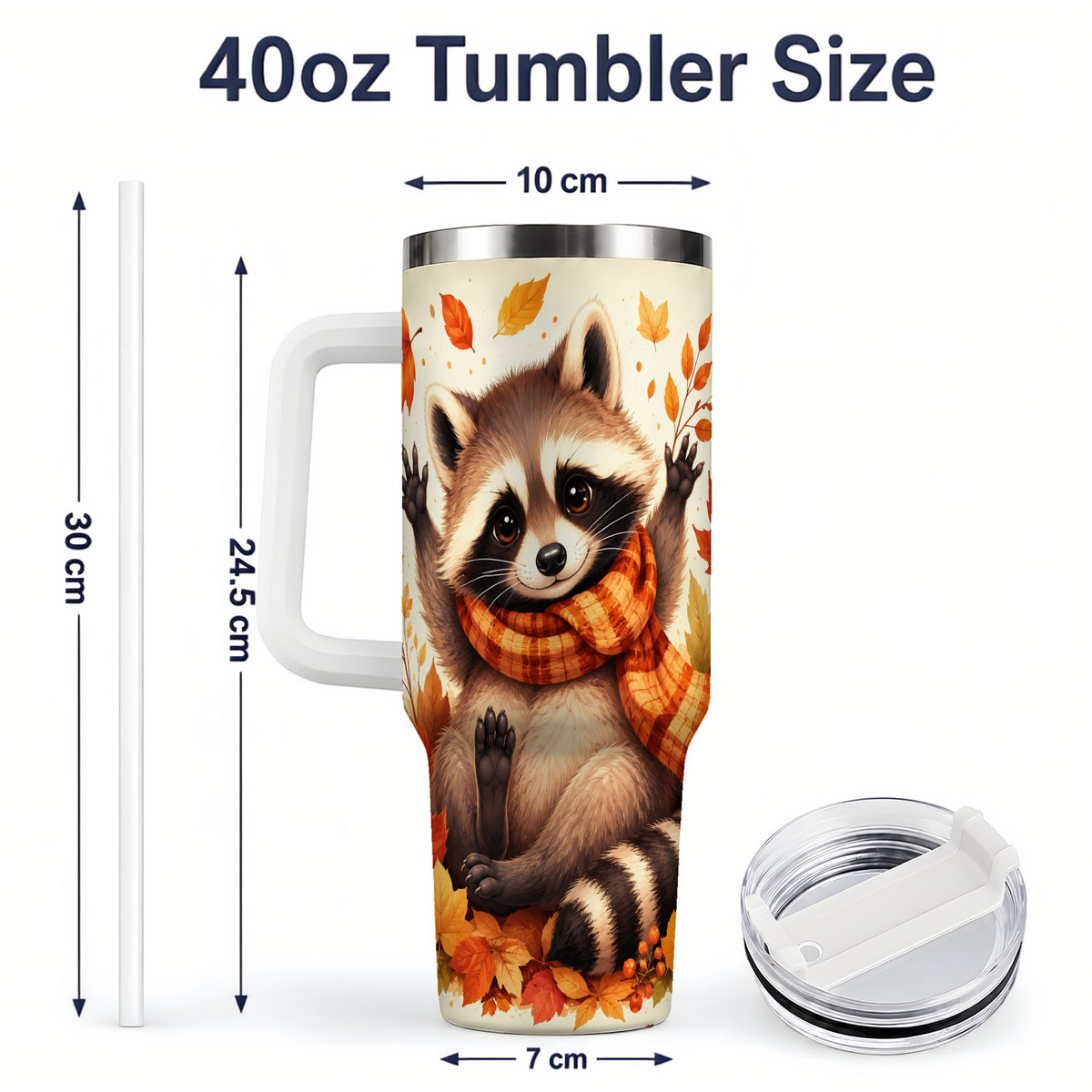 #pl[40oz|White] Autumn Raccoon 40oz Tumbler, Fall Leaf Animal Artwork for Daily Use