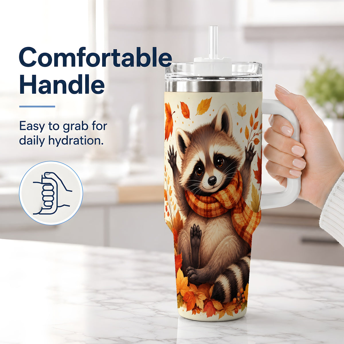 #pl[40oz|White] Autumn Raccoon 40oz Tumbler, Fall Leaf Animal Artwork for Daily Use