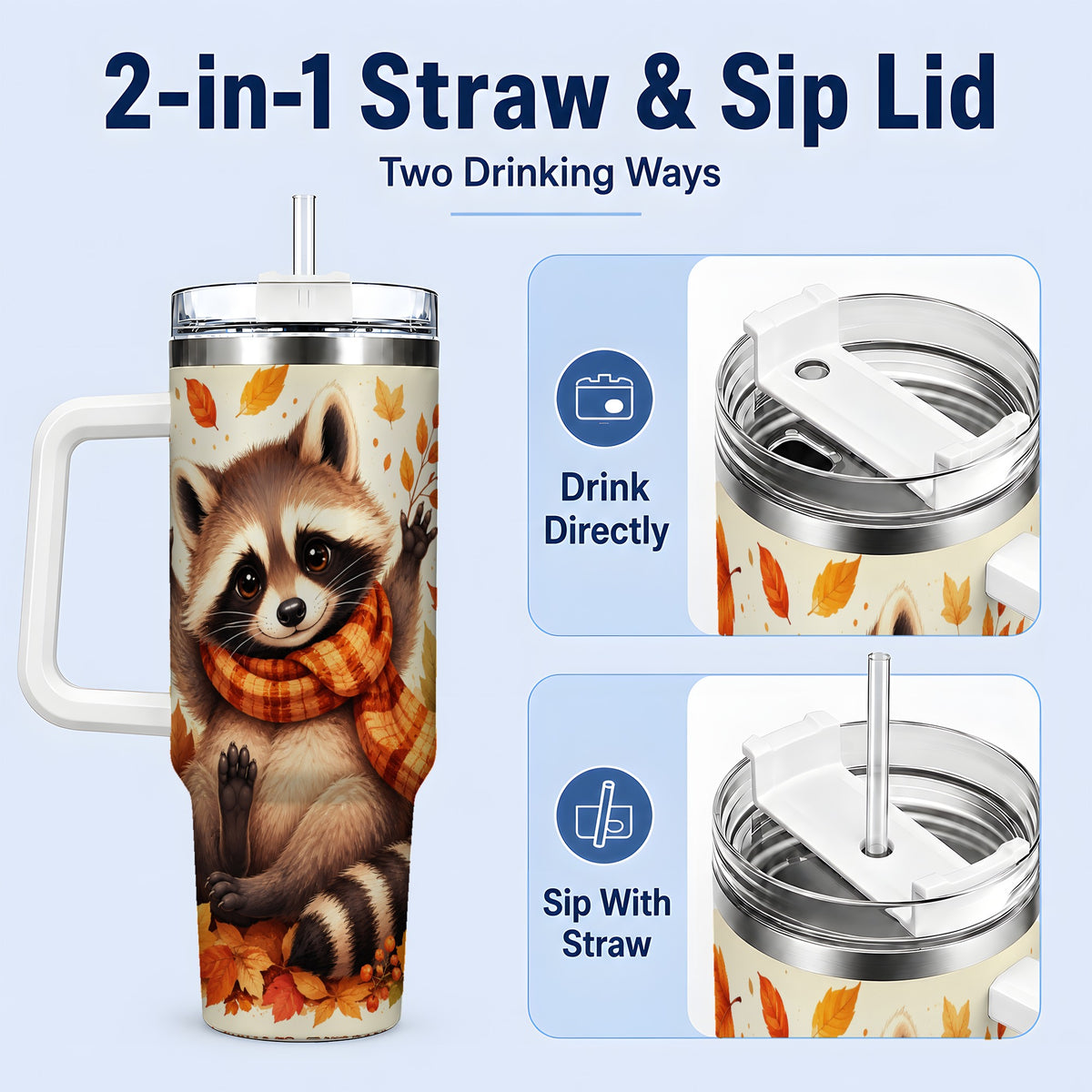 #pl[40oz|White] Autumn Raccoon 40oz Tumbler, Fall Leaf Animal Artwork for Daily Use