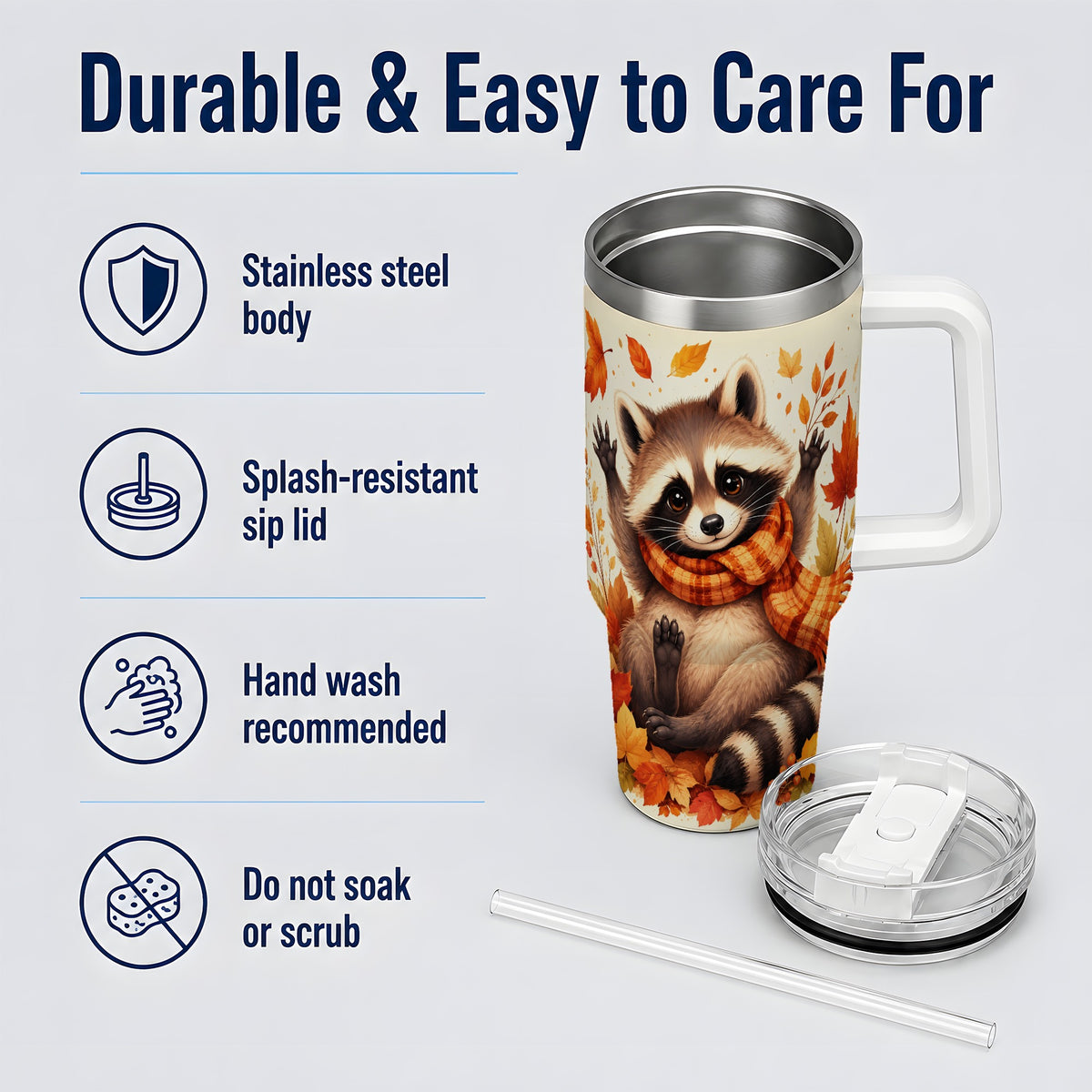 #pl[40oz|White] Autumn Raccoon 40oz Tumbler, Fall Leaf Animal Artwork for Daily Use