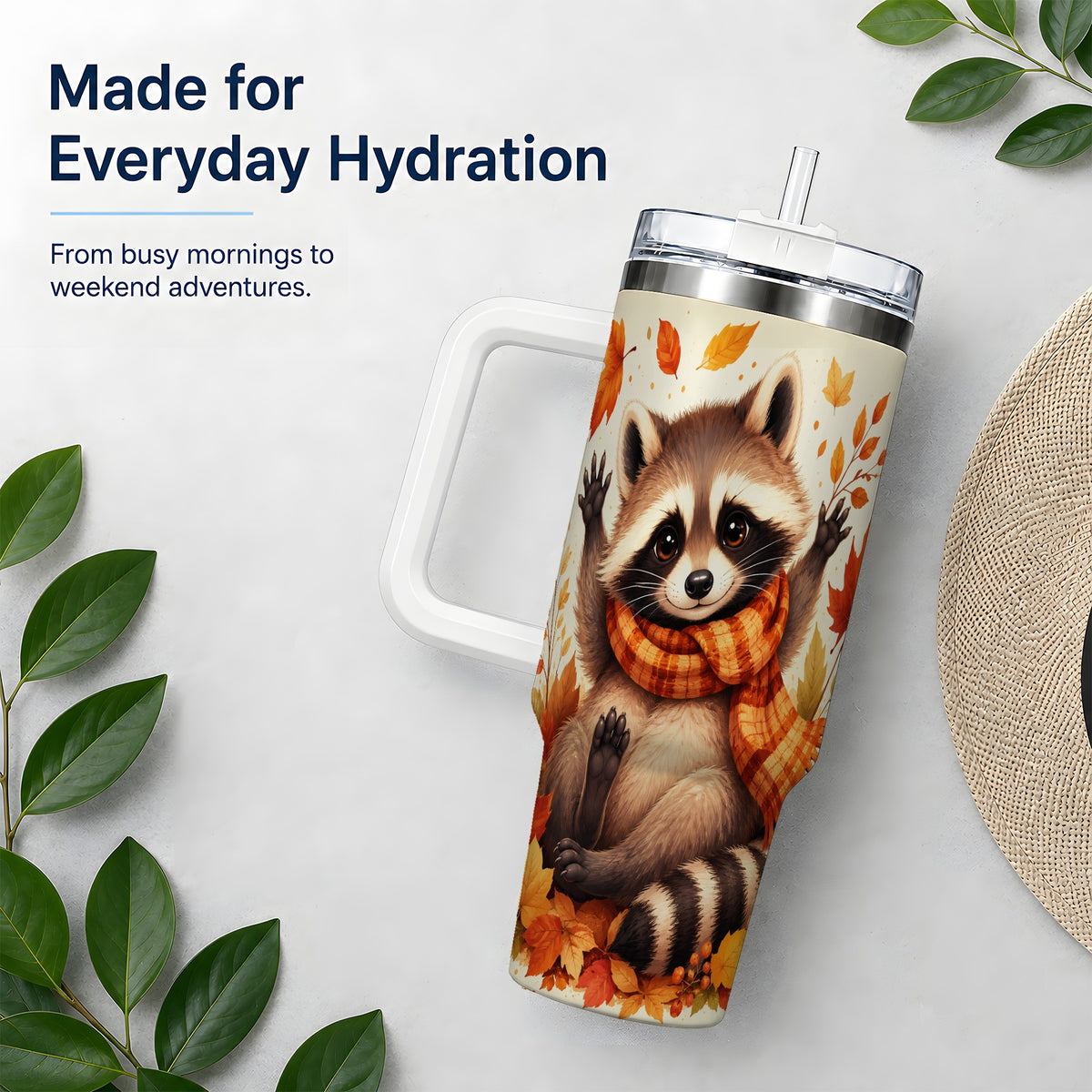 #pl[40oz|White] Autumn Raccoon 40oz Tumbler, Fall Leaf Animal Artwork for Daily Use
