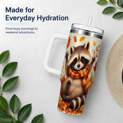 #pl[40oz|White] Autumn Raccoon 40oz Tumbler, Fall Leaf Animal Artwork for Daily Use