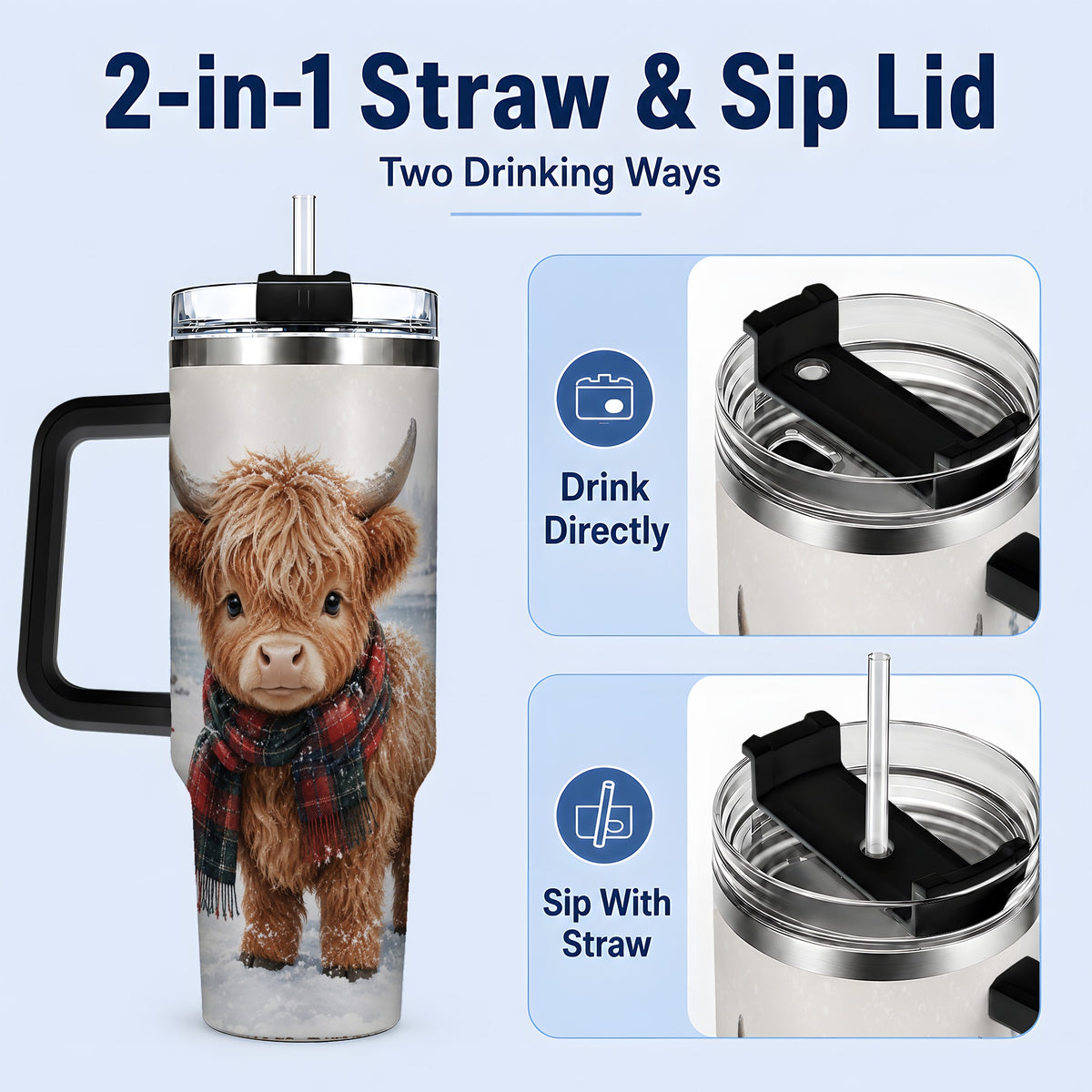 #pl[40oz|Black] Winter Highland Cow 40oz Tumbler, Snowy Animal Artwork for Daily Use