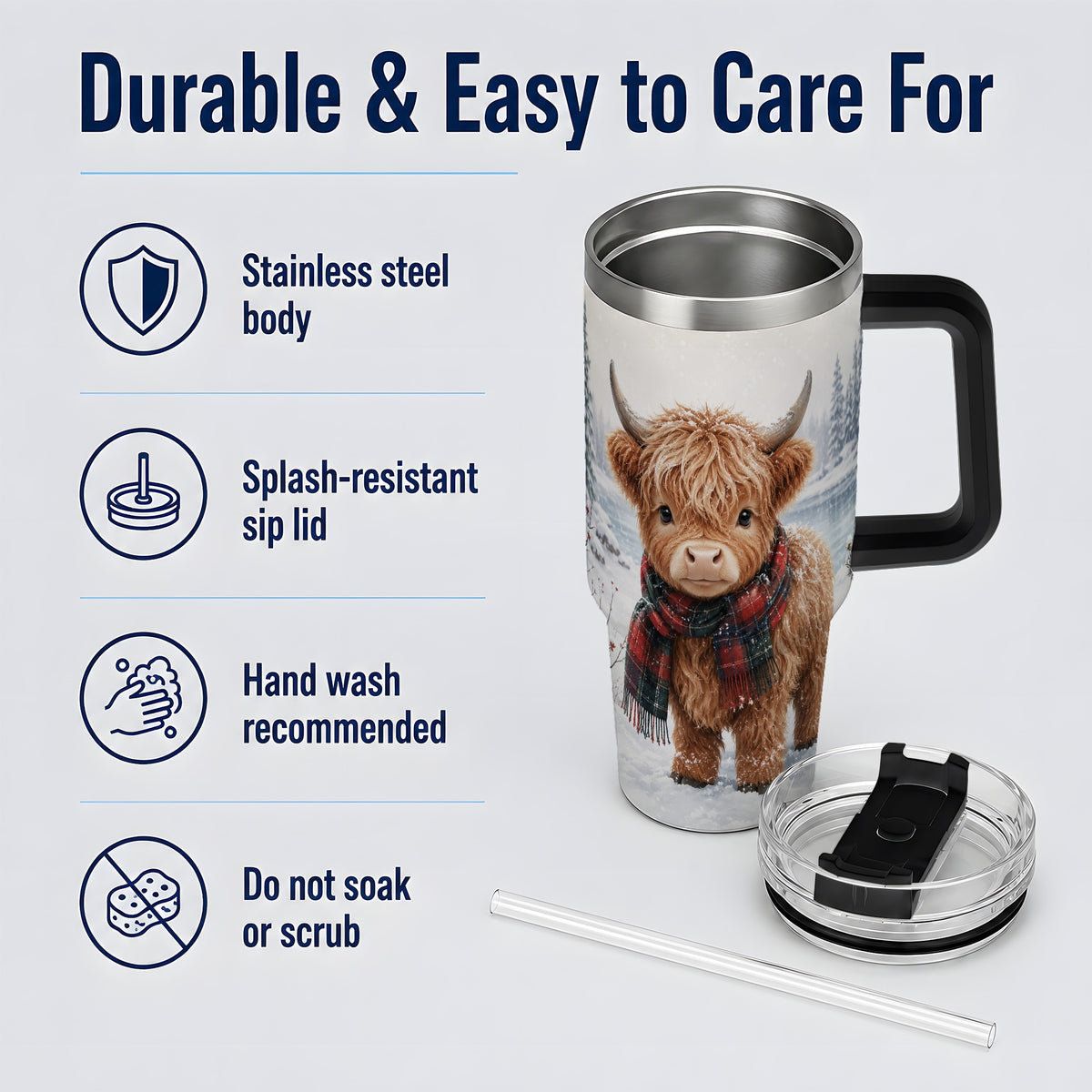 #pl[40oz|Black] Winter Highland Cow 40oz Tumbler, Snowy Animal Artwork for Daily Use