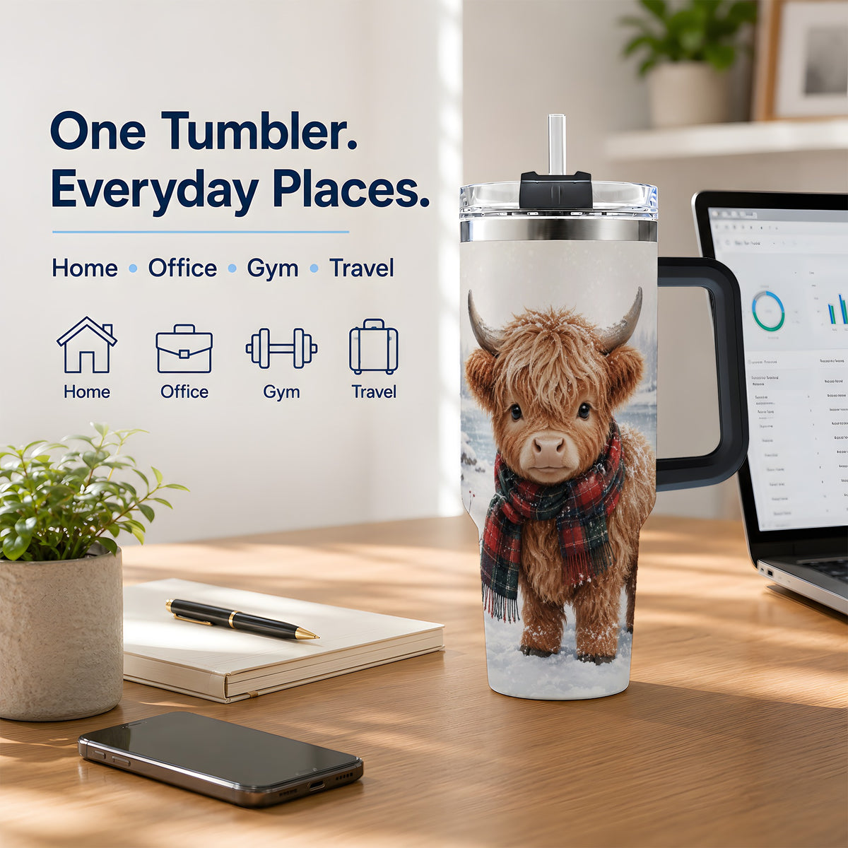#pl[40oz|Black] Winter Highland Cow 40oz Tumbler, Snowy Animal Artwork for Daily Use