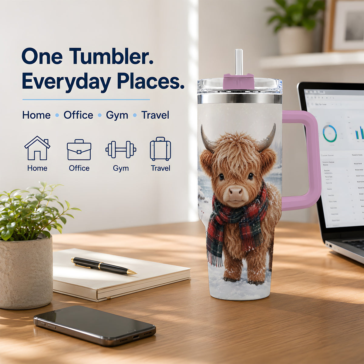 #pl[40oz|Pink] Winter Highland Cow 40oz Tumbler, Snowy Animal Artwork for Daily Use