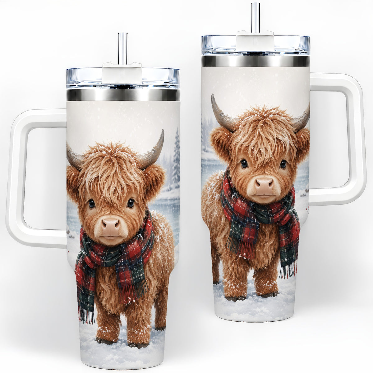Winter Highland Cow 40oz Tumbler, Snowy Animal Artwork for Daily Use