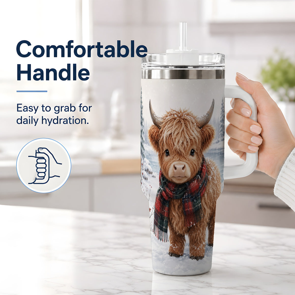 #pl[40oz|White] Winter Highland Cow 40oz Tumbler, Snowy Animal Artwork for Daily Use