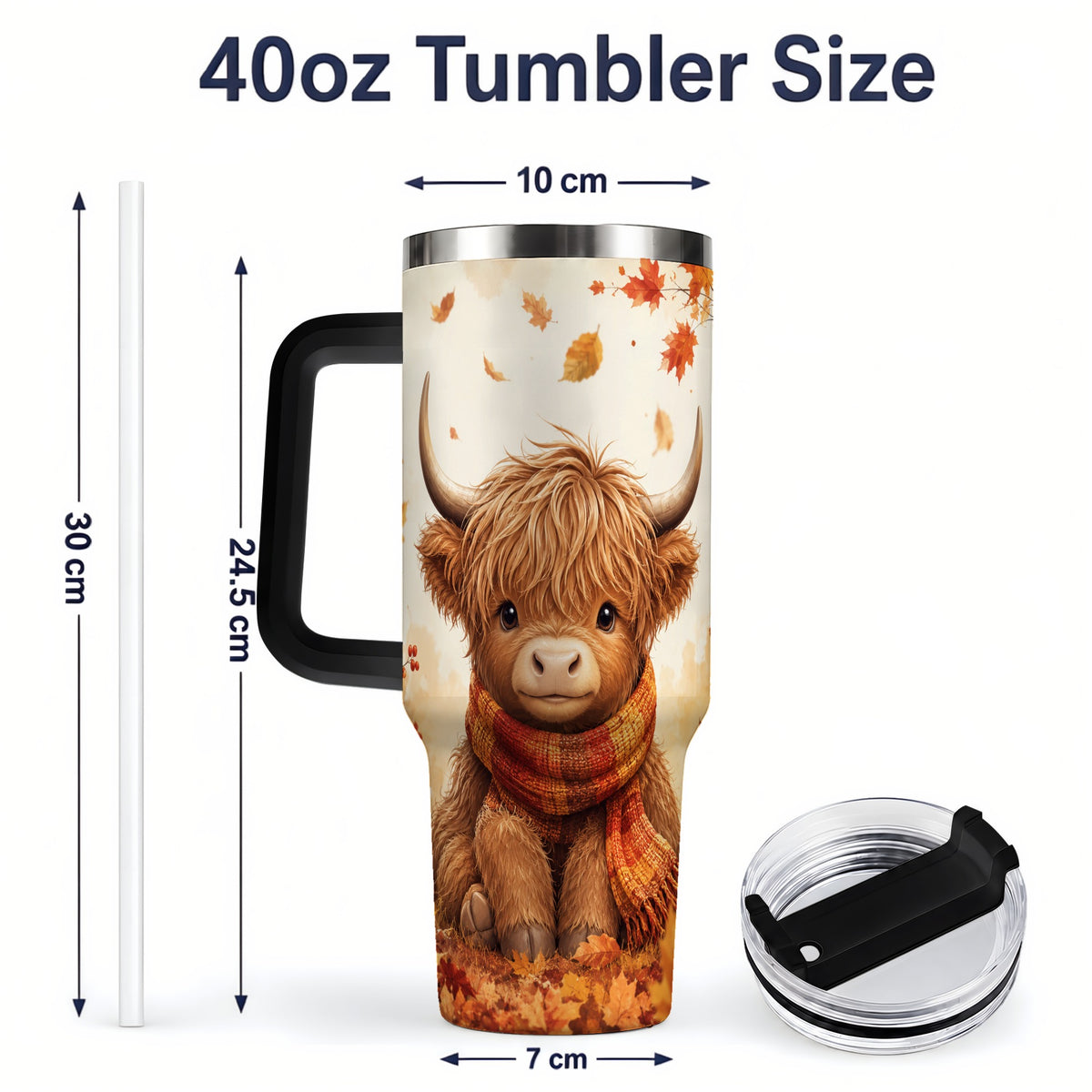 #pl[40oz|Black] Autumn Highland Cow 40oz Tumbler, Fall Leaf Animal Artwork for Daily Use