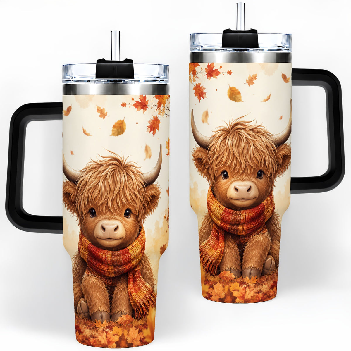 #pl[40oz|Black] Autumn Highland Cow 40oz Tumbler, Fall Leaf Animal Artwork for Daily Use