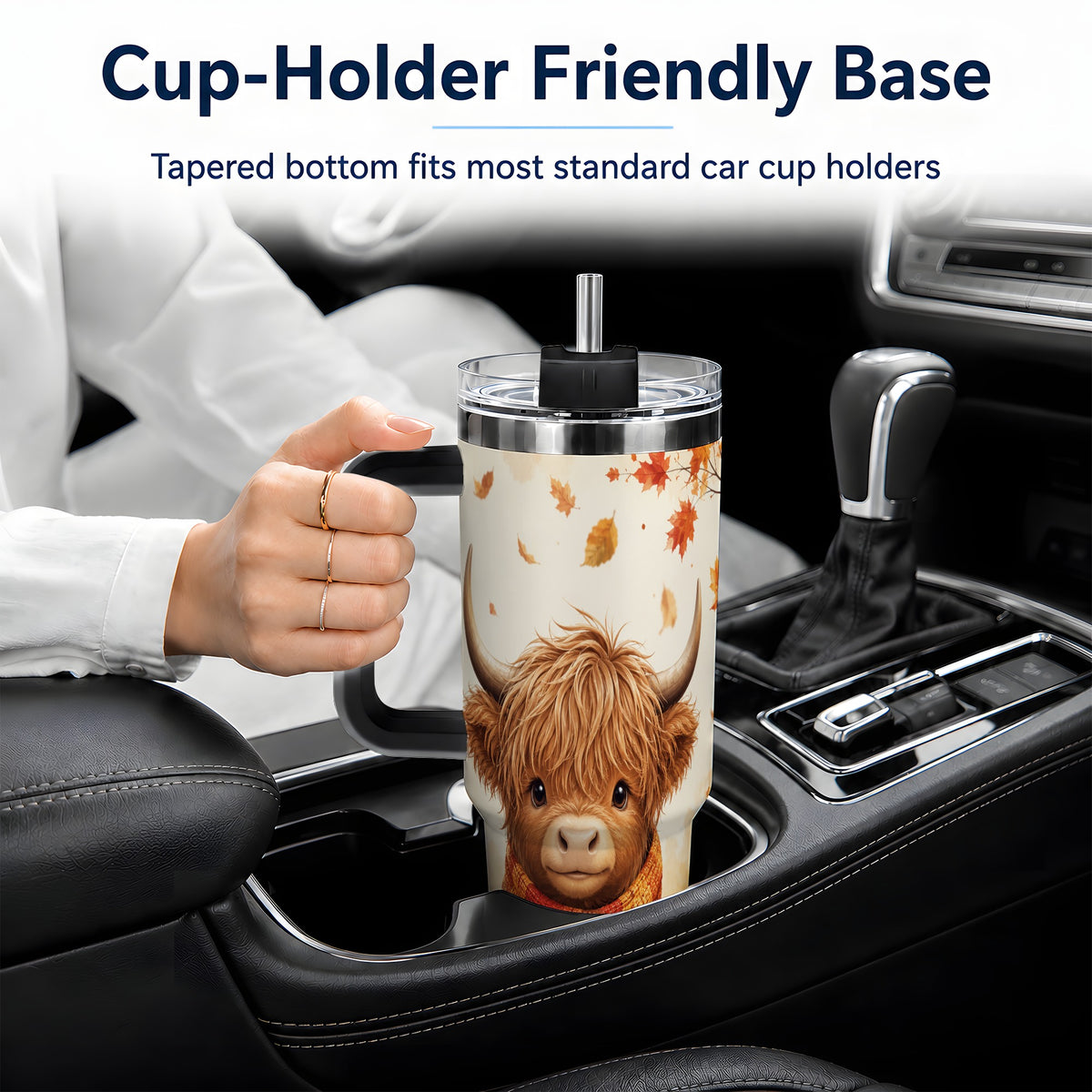 #pl[40oz|Black] Autumn Highland Cow 40oz Tumbler, Fall Leaf Animal Artwork for Daily Use