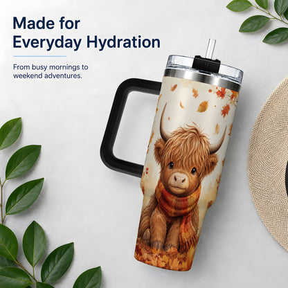 #pl[40oz|Black] Autumn Highland Cow 40oz Tumbler, Fall Leaf Animal Artwork for Daily Use