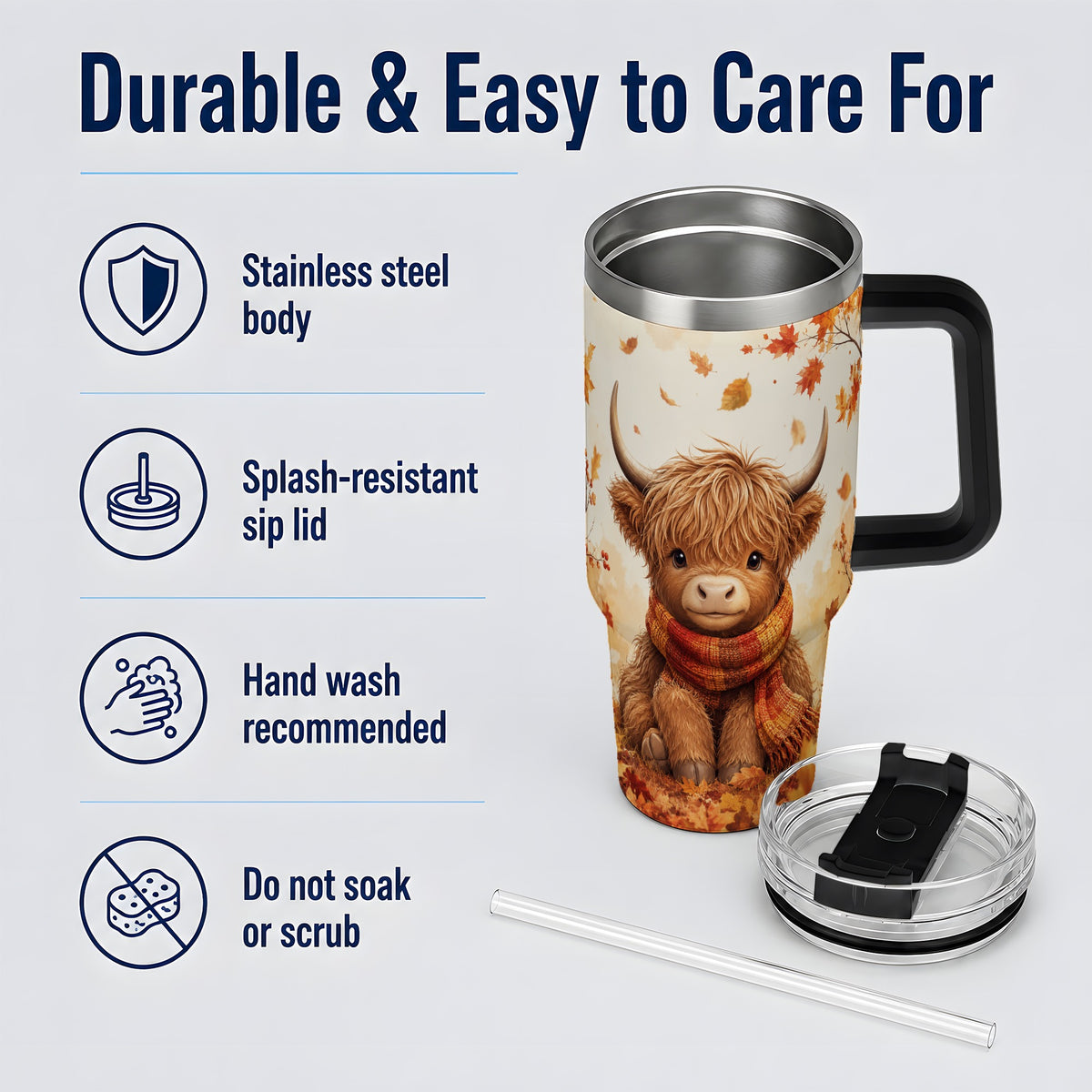 #pl[40oz|Black] Autumn Highland Cow 40oz Tumbler, Fall Leaf Animal Artwork for Daily Use