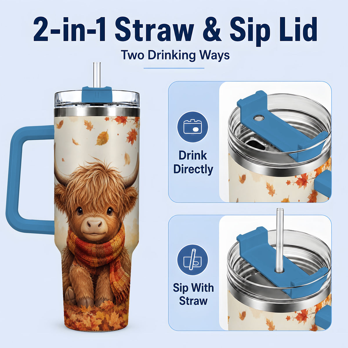 #pl[40oz|Blue] Autumn Highland Cow 40oz Tumbler, Fall Leaf Animal Artwork for Daily Use