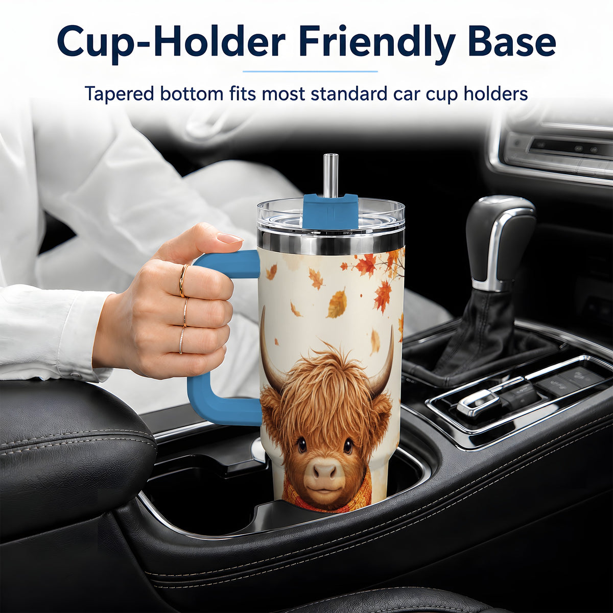 #pl[40oz|Blue] Autumn Highland Cow 40oz Tumbler, Fall Leaf Animal Artwork for Daily Use