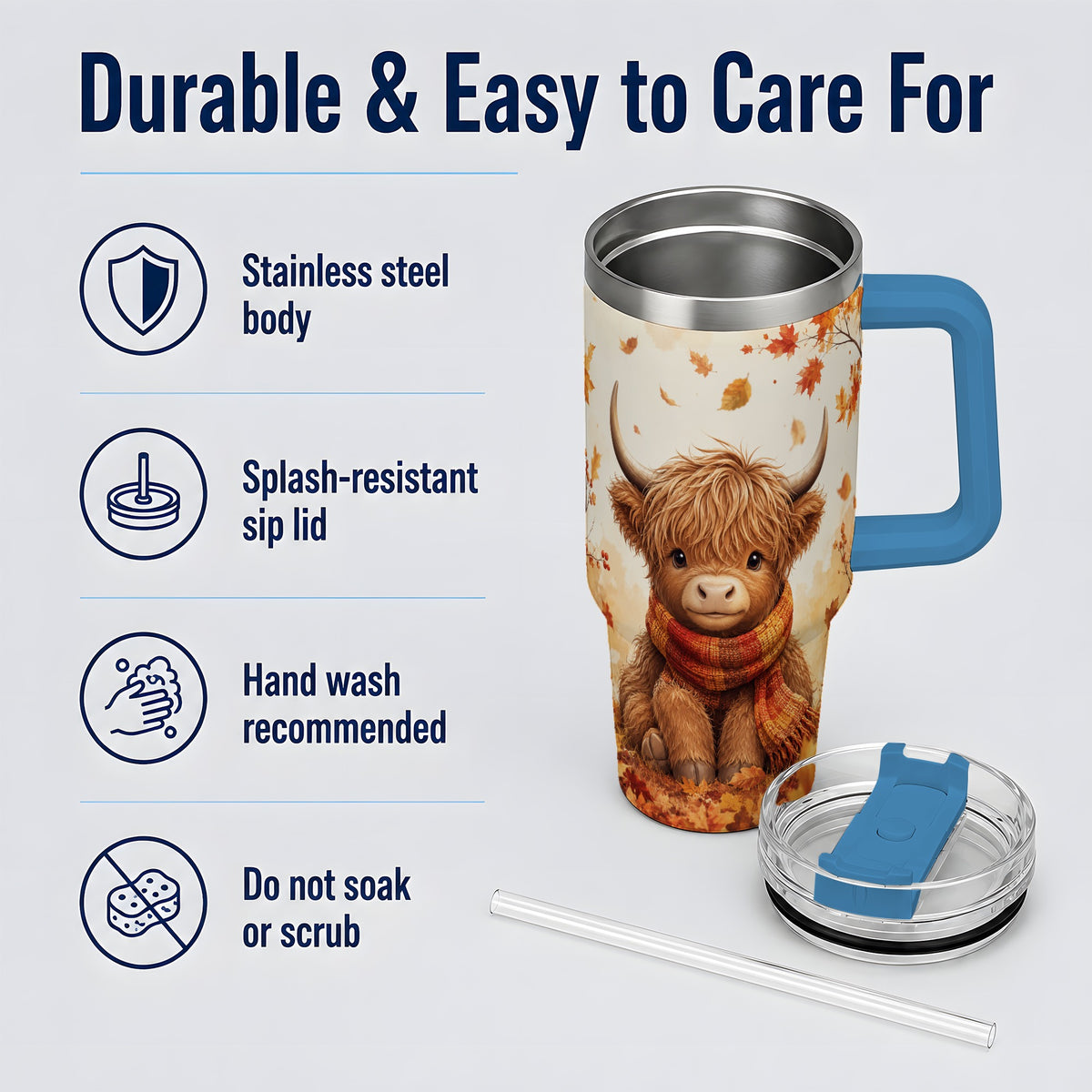 #pl[40oz|Blue] Autumn Highland Cow 40oz Tumbler, Fall Leaf Animal Artwork for Daily Use