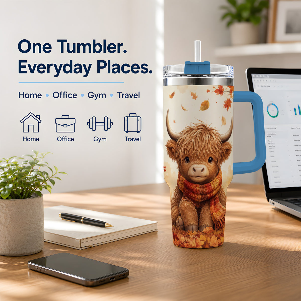 #pl[40oz|Blue] Autumn Highland Cow 40oz Tumbler, Fall Leaf Animal Artwork for Daily Use