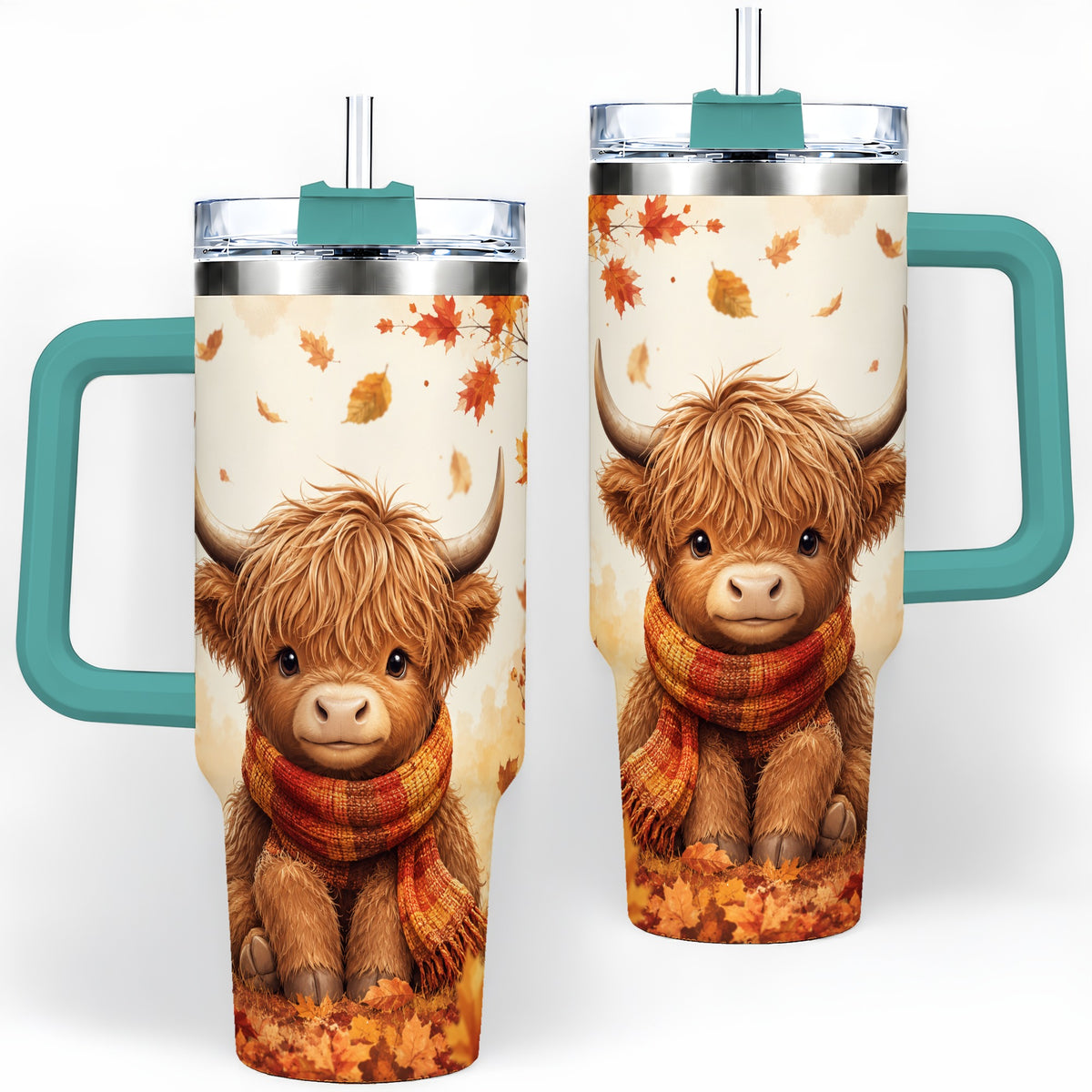 #pl[40oz|Green] Autumn Highland Cow 40oz Tumbler, Fall Leaf Animal Artwork for Daily Use